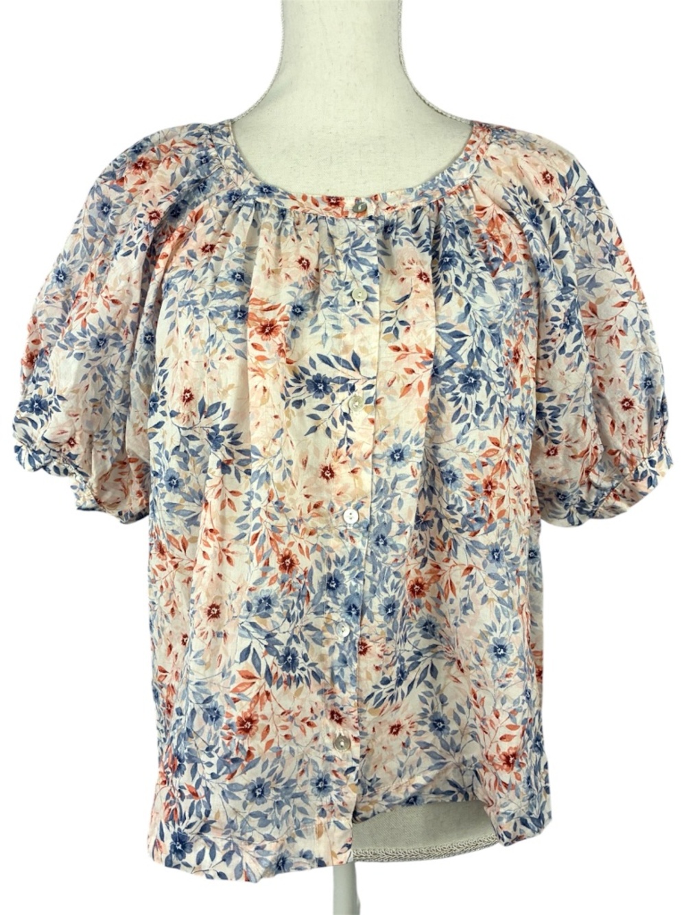 Cotton Voile Floral Boho Blouse M Blush Pink Blue Cream Button-up Puff Sleeve